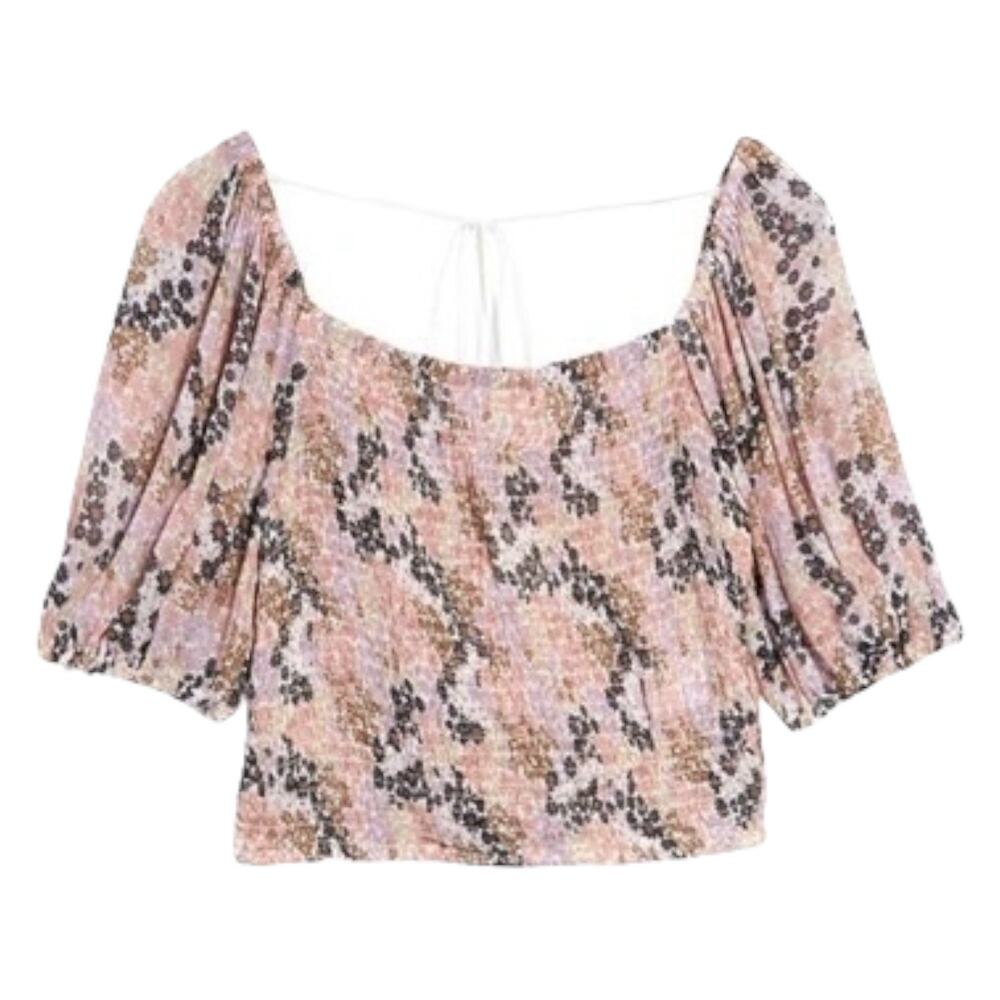 NWT Free People Smocked Puff Sleeve Boho cottage square neck crop top Large